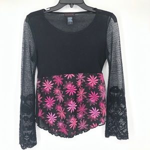 Custo Barcelona | Black Sheer Top w/ Pink Flowers